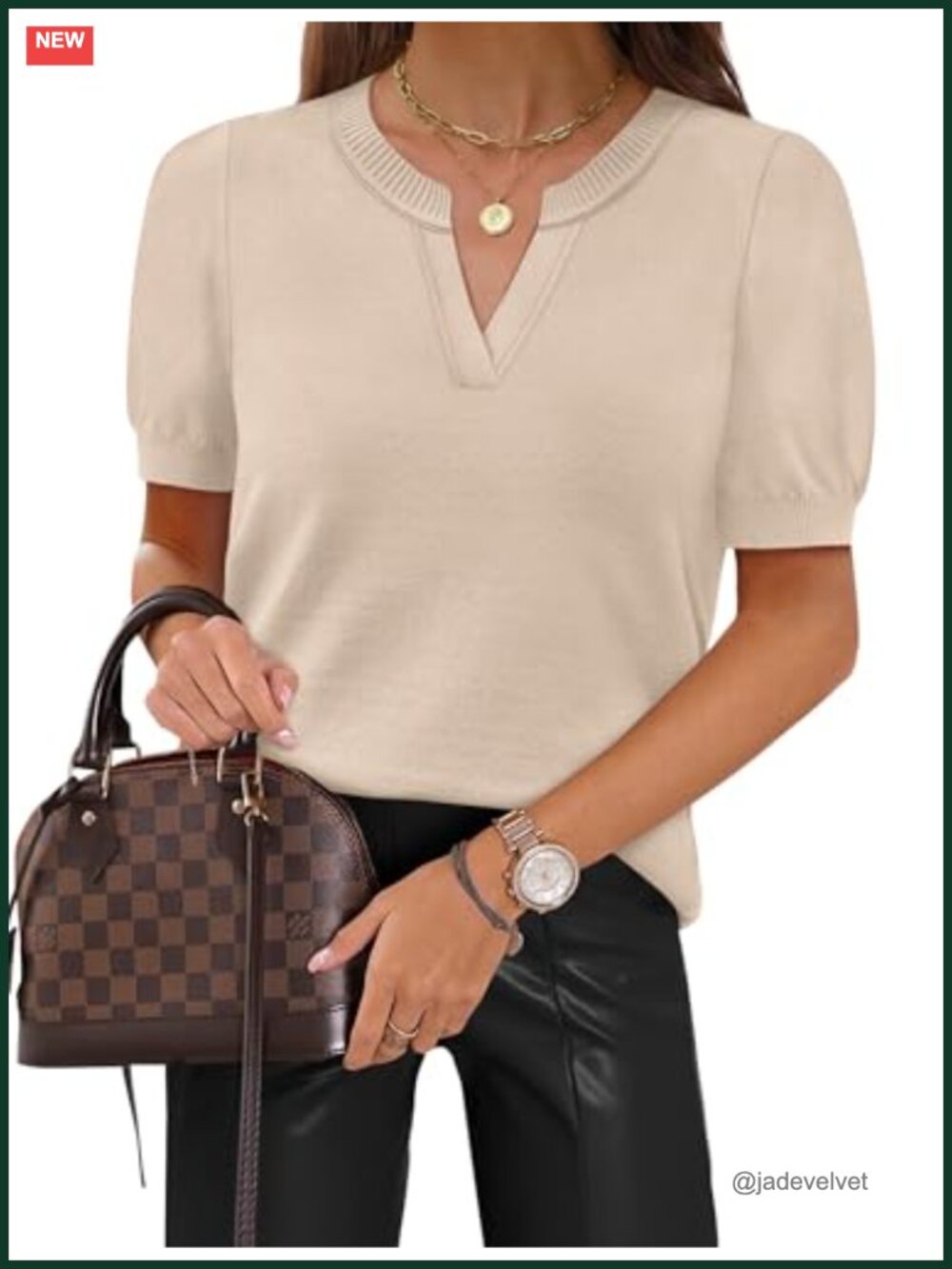 WIHOLL Short Sleeve Sweater V Neck Knit Business Casual Top